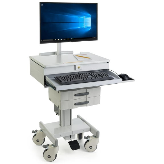 Displays2go Mobile Medical Cart, Heavy-Duty, Height Adjusting, Keyboard Tray, 3 Drawers- Gray (MEDCWST1M)