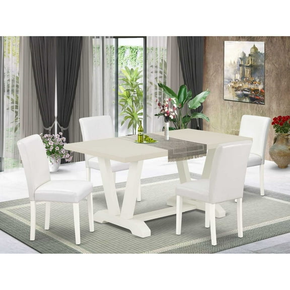 East West Furniture V026AB264-5 5-Piece Awesome Dining Set a Superb Linen White dining table Top and 4 - Pu Leather Stunning Dining Chairs with Stylish Chair Back, Linen White Finish
