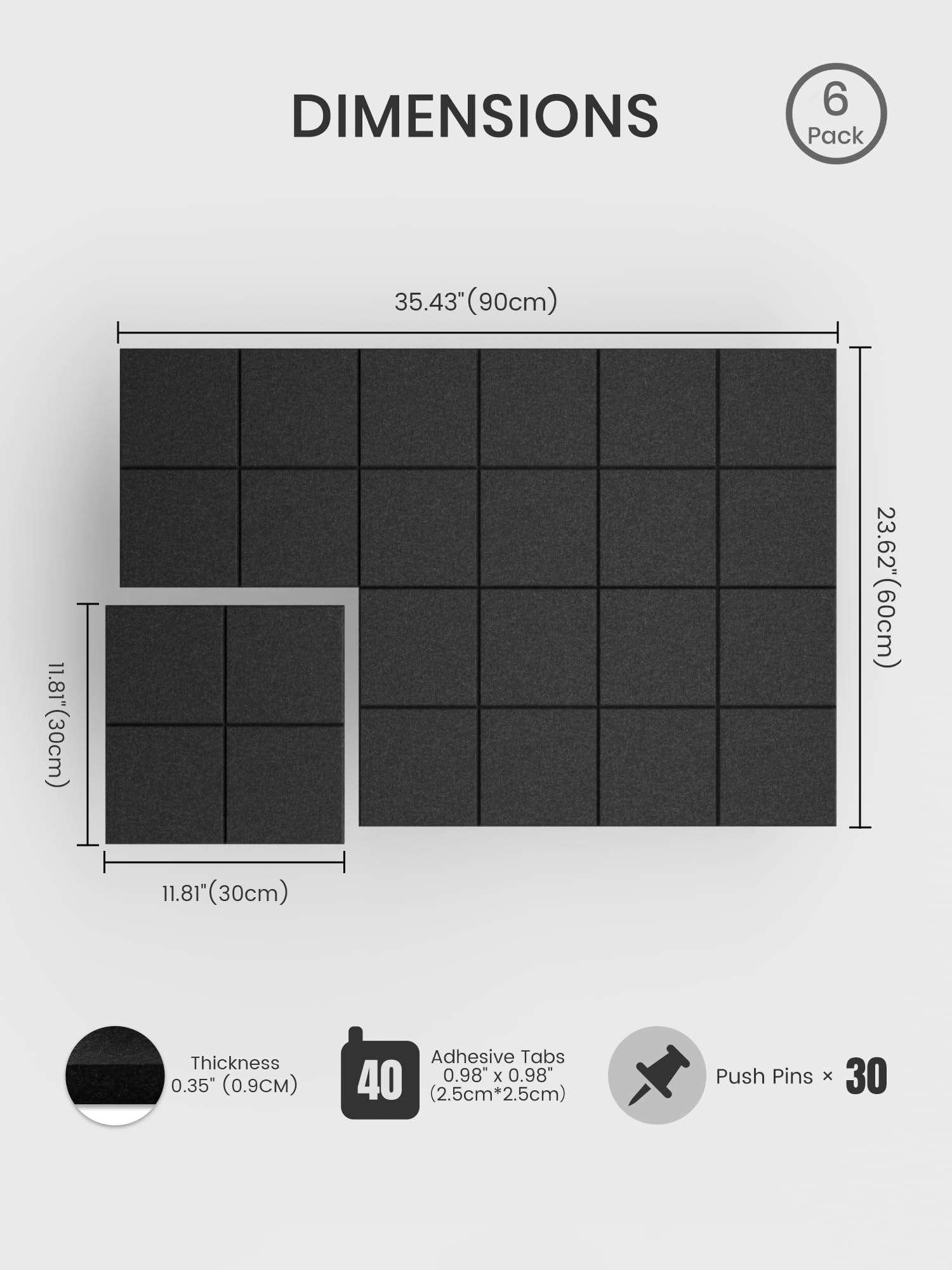 Large Felt Bulletin Board  36" X 24" Cork Alternative 6-pack Wall Tiles With 4-compartment Design 30 Push Pins 40 Adhesive Tabs Ideal For Office & Home Decor Black