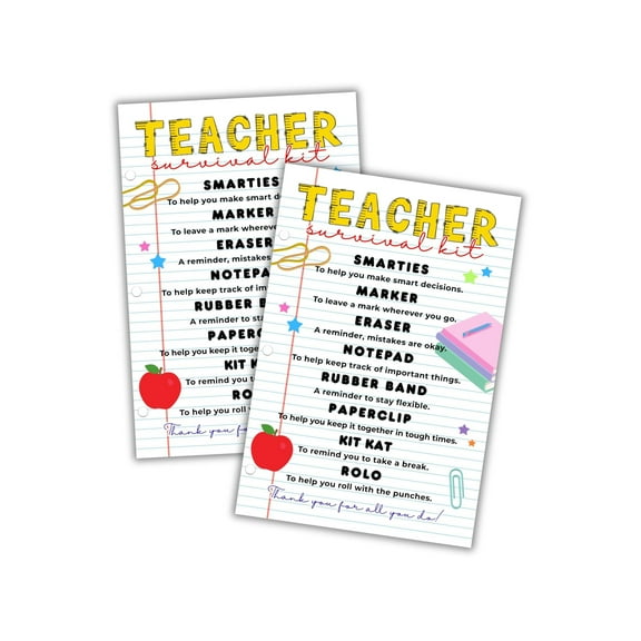 Teacher Survival Kit List Postcard 30pk 4x6 Printables for Goodie Bags Gift Classroom Back to School Labels School Elementary PTA Thank You