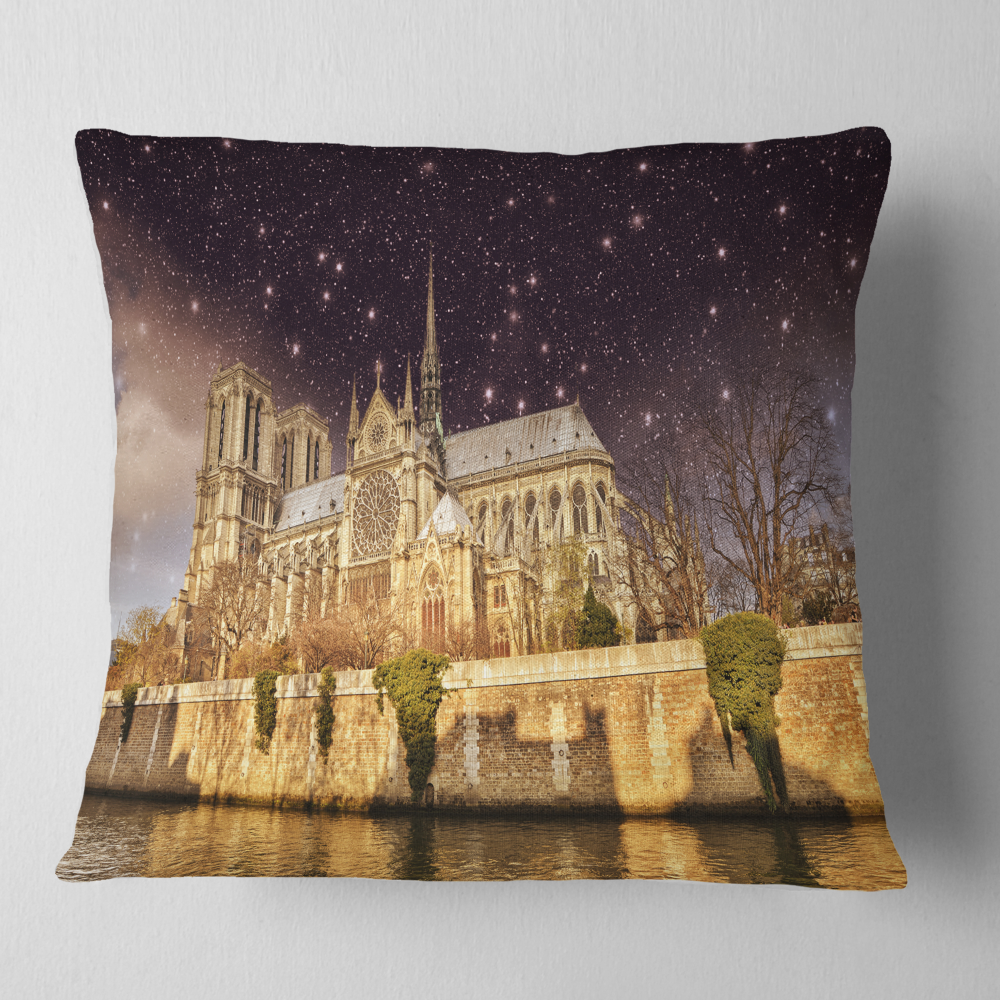 Designart Notre Dame Cathedral at Night - Cityscape Photo Throw Pillow - 16x16