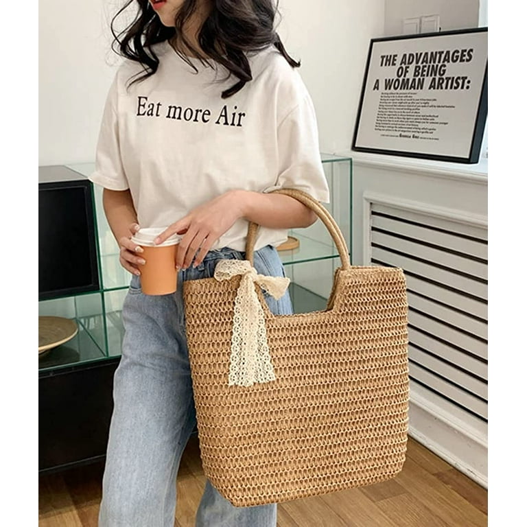 Women Summer Beach Bag, Straw Handbag Top Handle Big Capacity Travel Tote Purse Hand Woven Straw Large Hobo Bag