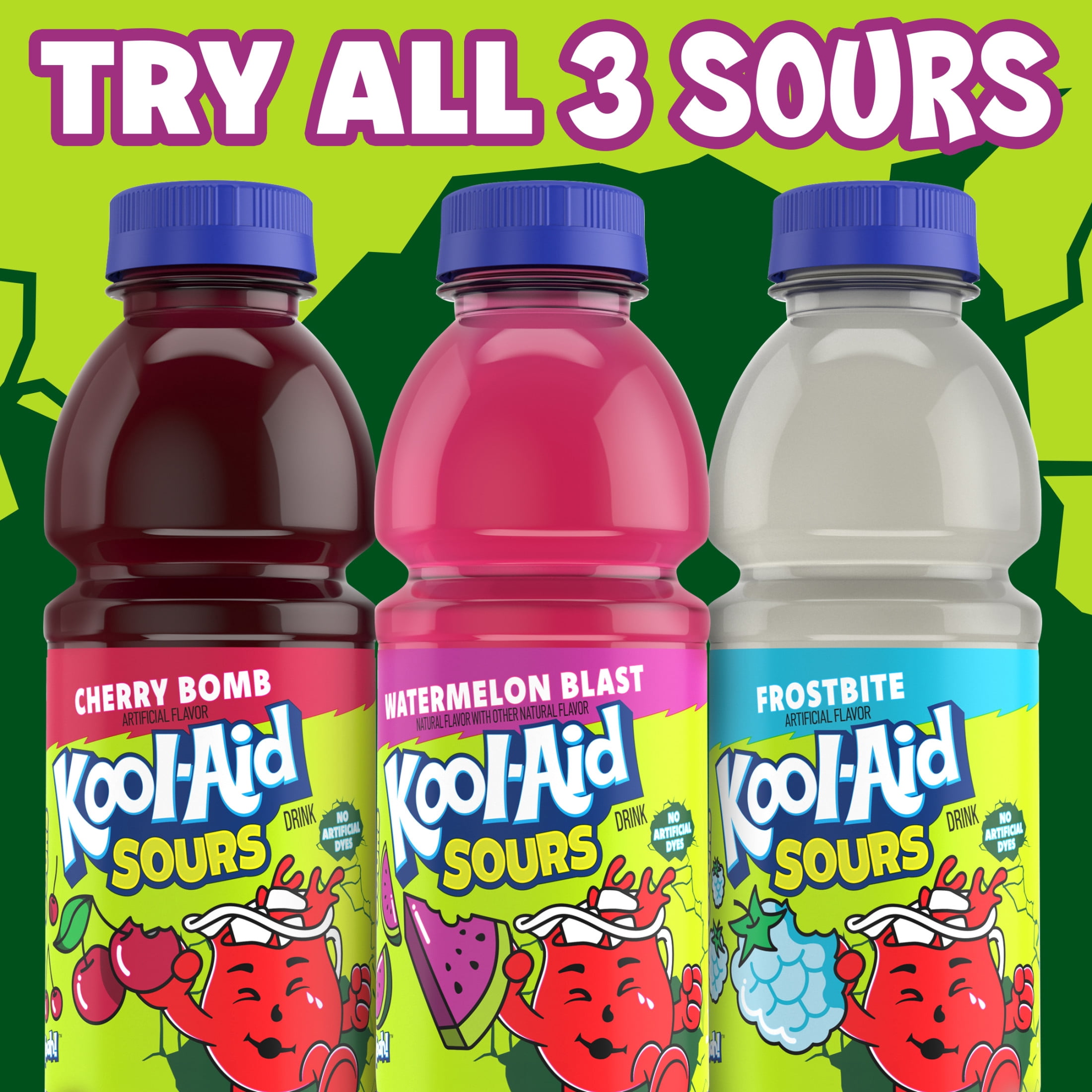 (12 pack) Kool-Aid Sours Naturally Flavored with other Natural Flavor Drink, 1 Bottle, for On-the-Go Hydration, Watermelon Blast, Sour Candy Flavor, No Artificial Dyes, 16 oz