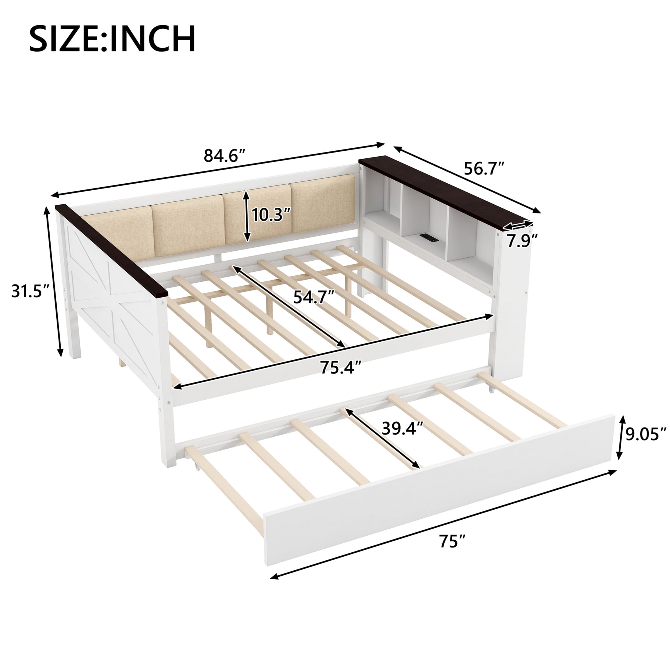 Noble House Full Size Daybed with Trundle and USB, Wood Sofa Bed with Storage Shelves, Upholstered Backrest, White