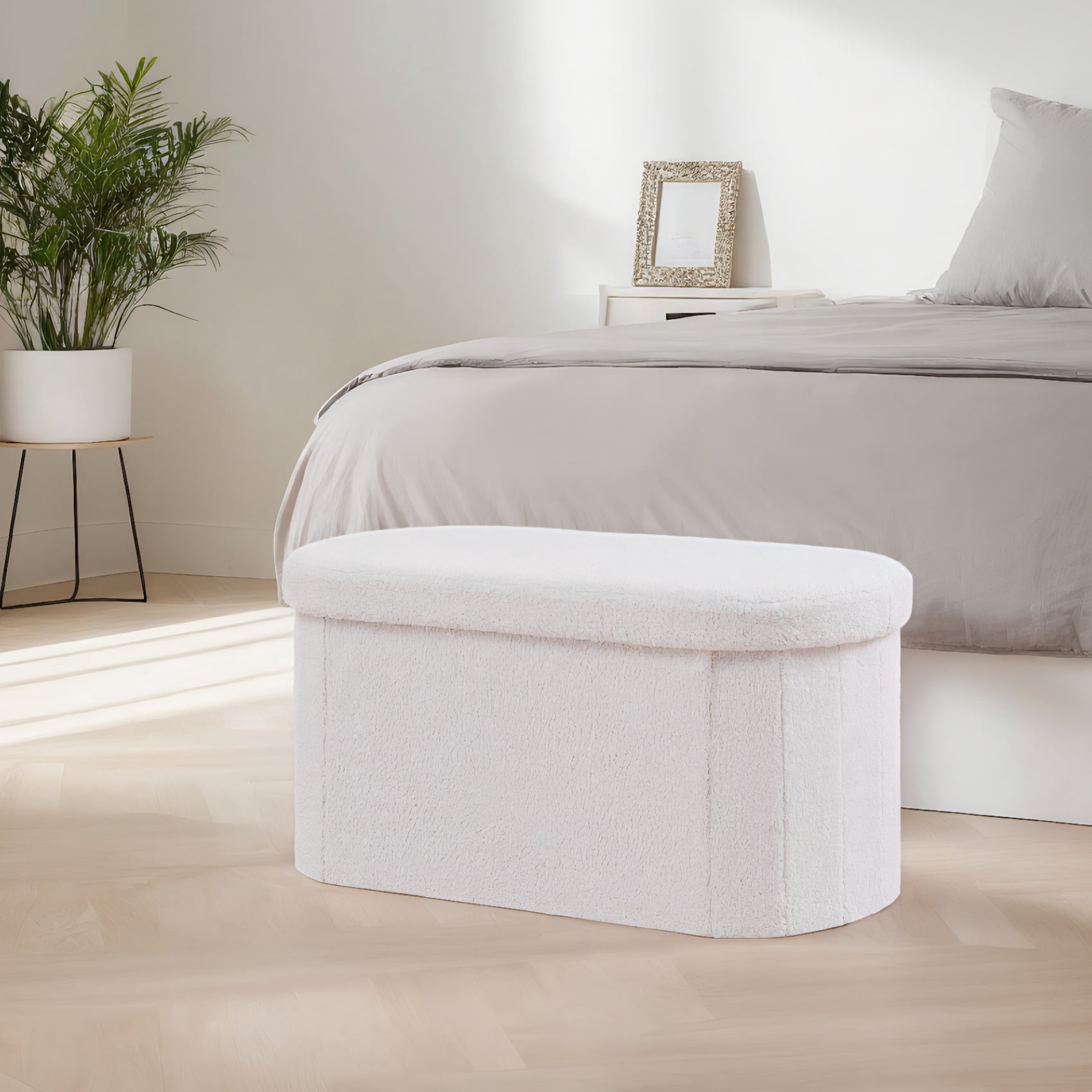 PINPLUS Storage Ottoman Bench Tufted Oval Ottoman Bench Foot Rest Velvet Bench with Storage 30" White