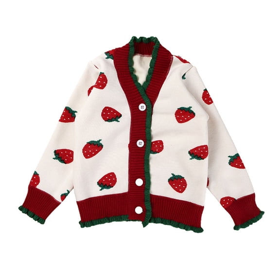 Lkhaha Girls Strawberry Print Knit Cardigan V-Neck Button-Up Sweater Cute Casual Outerwear White 4-5 Years