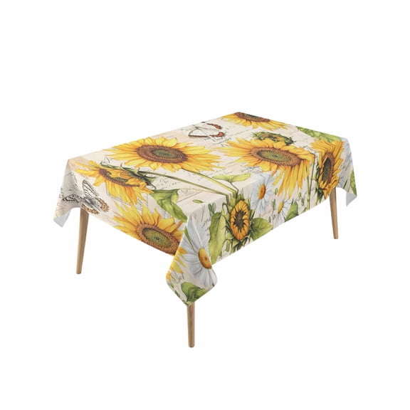 Yellow Sunflowers Table Cloth, Waterproof Tablecloth for Rectangle Tables, Country Farm Butterfly Flower Light Beige Reusable Washable Fabric Table Cover for Restaurant Kitchen Dining Tables 54"x108"