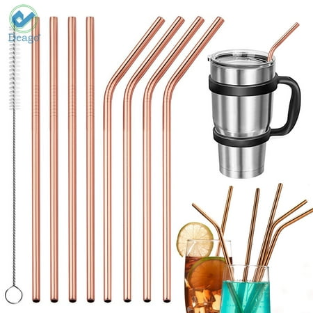 Deago Set of 8 Stainless Steel Straws Ultra Long 8.5 Inch Drinking Metal Straws For Coffee Juice Cold Beverage (4 Straight|4 Bent|1 Brushes|Rose