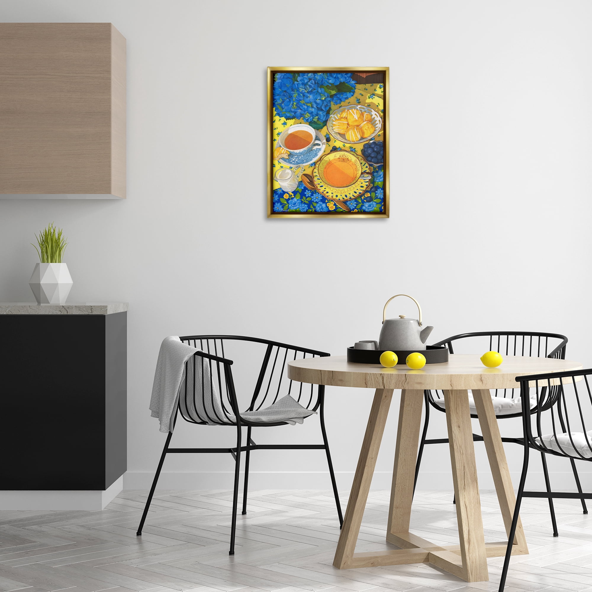 Stupell Industries Blue & Yellow Tea Party Food & Beverage Painting Gold Floater Framed Art Print Wall Art, 17 x 21