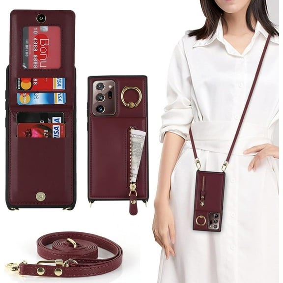 Samsung Galaxy Note 20 Ultra 5G Phone Case for Women with Card Holder,Note 20 Ultra Case Wallet Crossbody Lanyard with Strap,Credit Card Slots Kickstand Case with Ring Holder,6.9 Inch,Burgundy