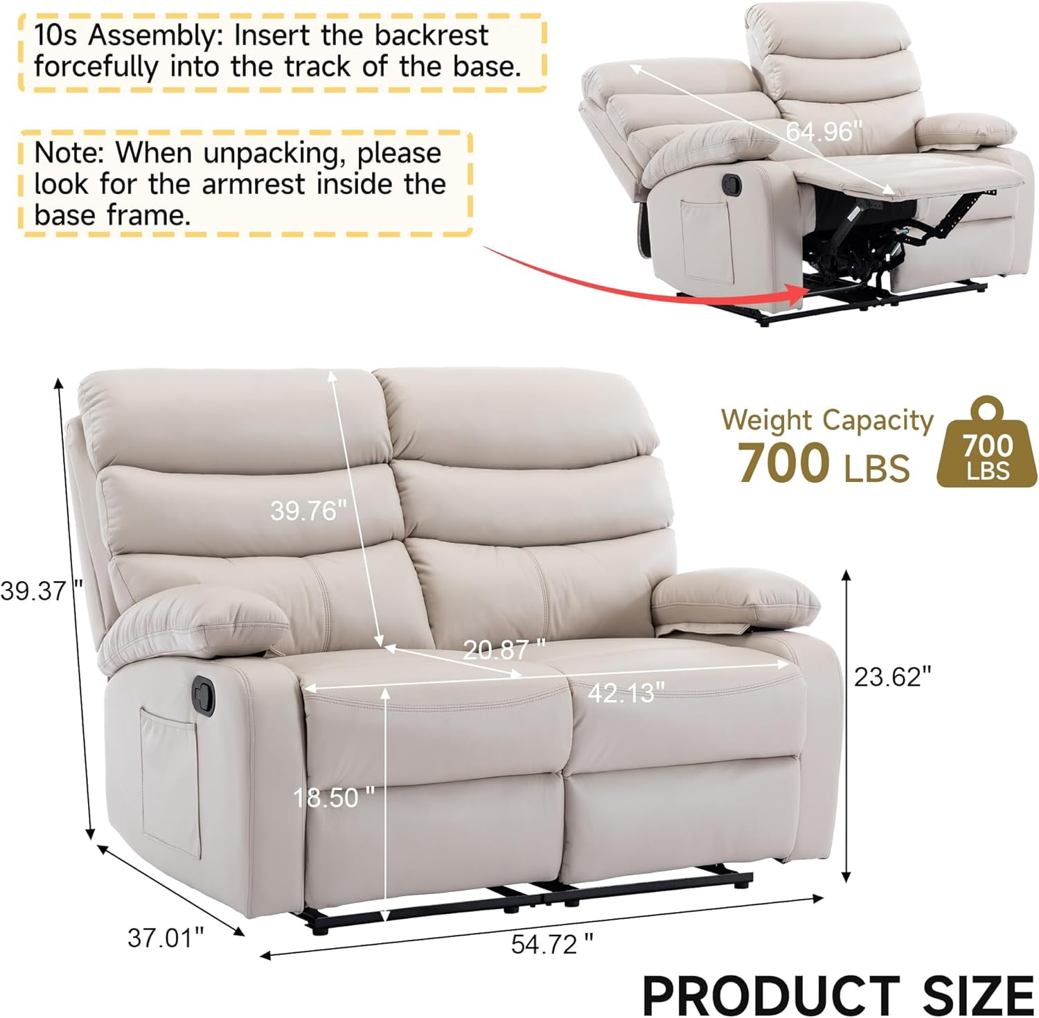 Chizzysit Loveseat Recliner Chair, Leather Double Reclining Chairs for Adults ,Love Seat Couches Sofa for Small Spaces Living Room, RV, Home Theater - Beige