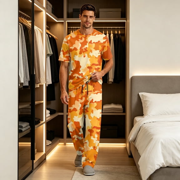 CCRFTGI Men's Pajama Set Camo Crew Neck Short Sleeve 2 Piece Summer Soft Lightweight Pjs Saffron M