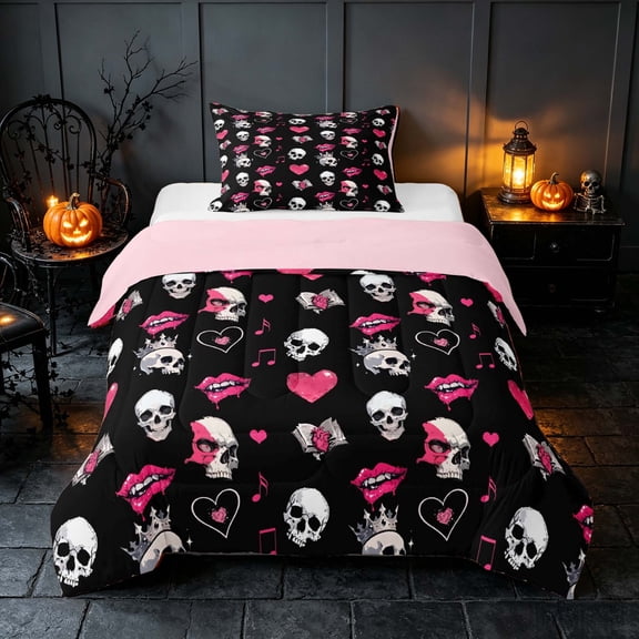 Homewish Halloween Skull Skeleton Twin Comforter Sets for Girls, Love Heart Lips Bedding Set, Black Hot Pink White, Pink Reversible, 2pcs 1 Comforter and 1 Pillowcase