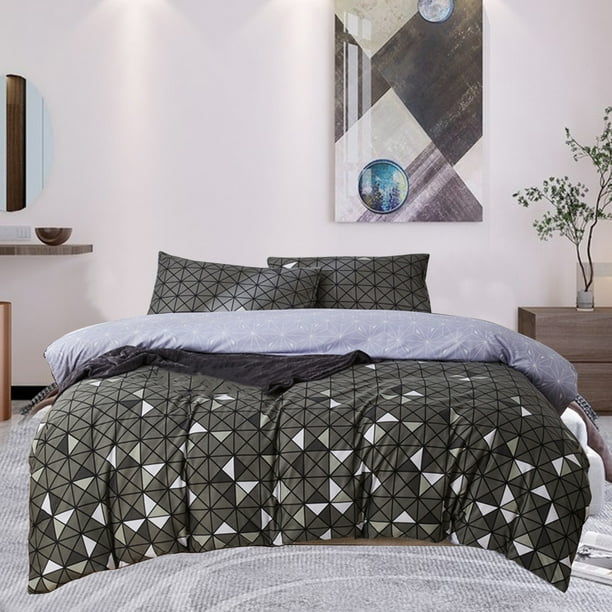 Set de fundas de edredón gris negro - Ropa de cama de microfibra suave lavada con cierre de botones y ataduras en las esquinas, tamaño individual de 3 piezas (53x79 in)