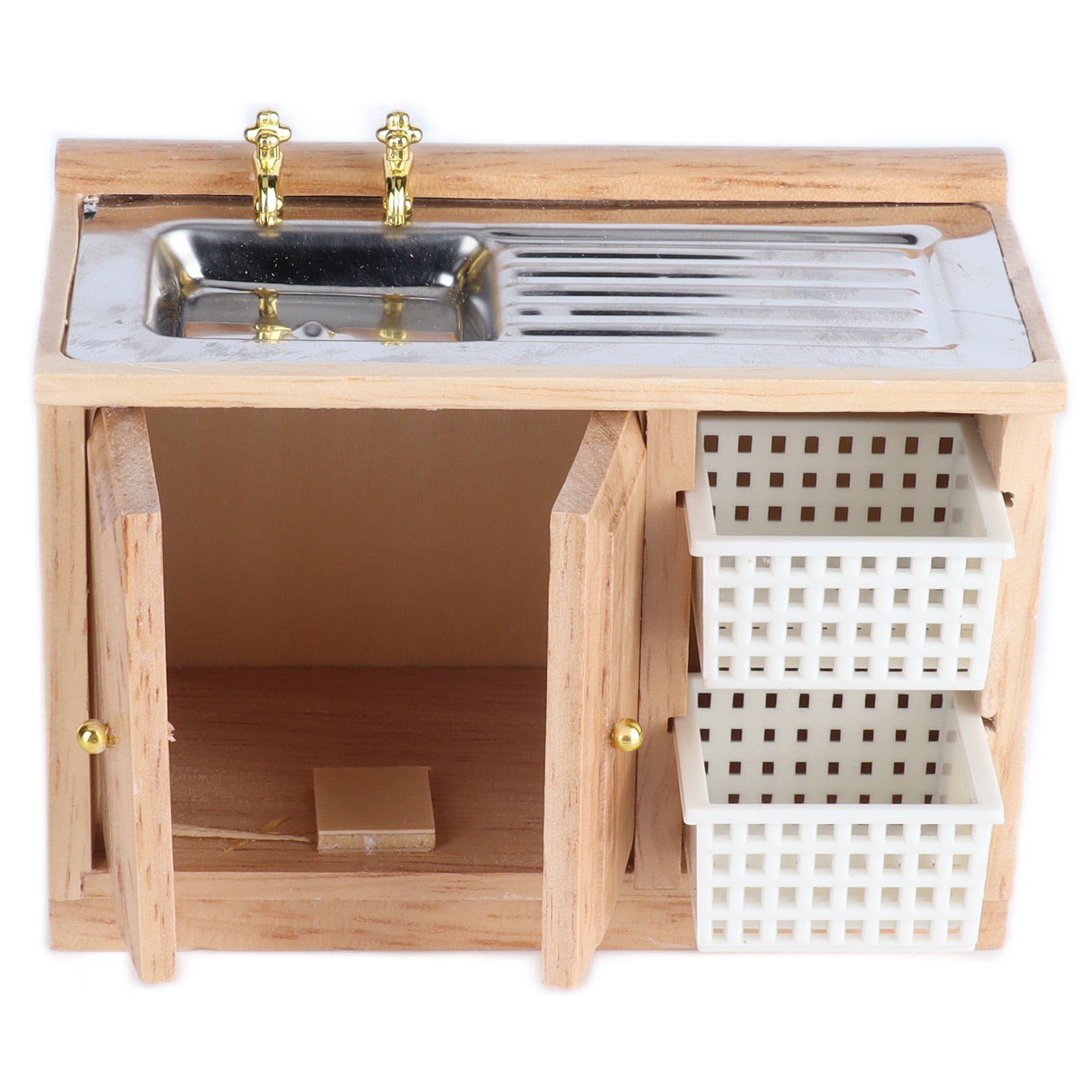 Évier Miniature En Bois Pour Maison De Poupée 1/12 - Style Vintage, Avec Robinet Et Porte Ouvrable - 12