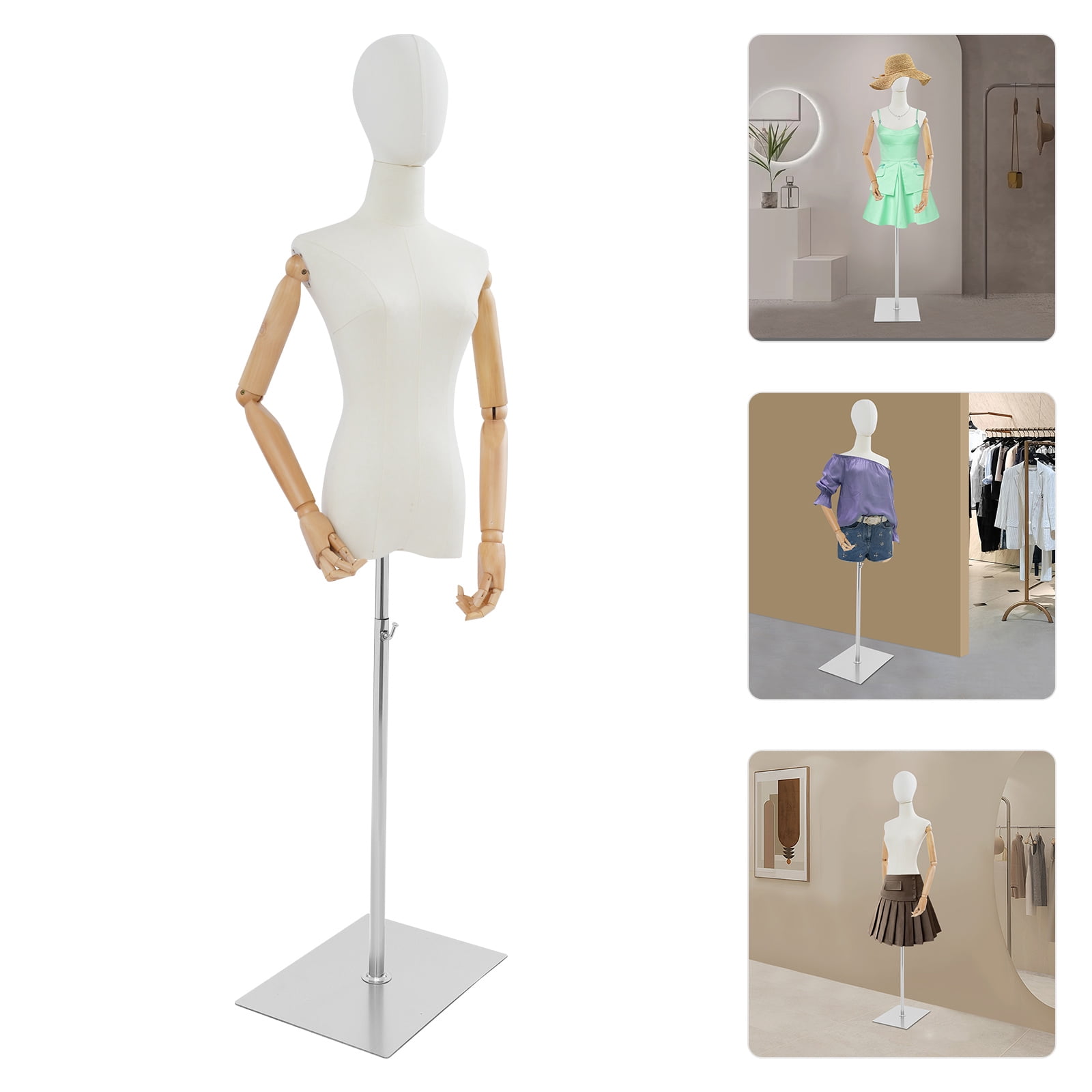 Female Mannequin, Female Dress Form Display, Adjustable Height（White + Wood Color + Silver）