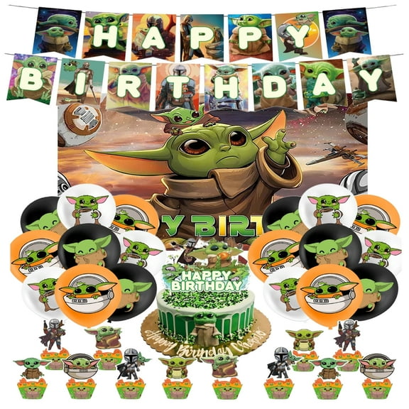Baby Yoda Cartoon Birthday Party Decorations - Birthday Banner, Balloons, Backdrop, Cupcake Toppers
