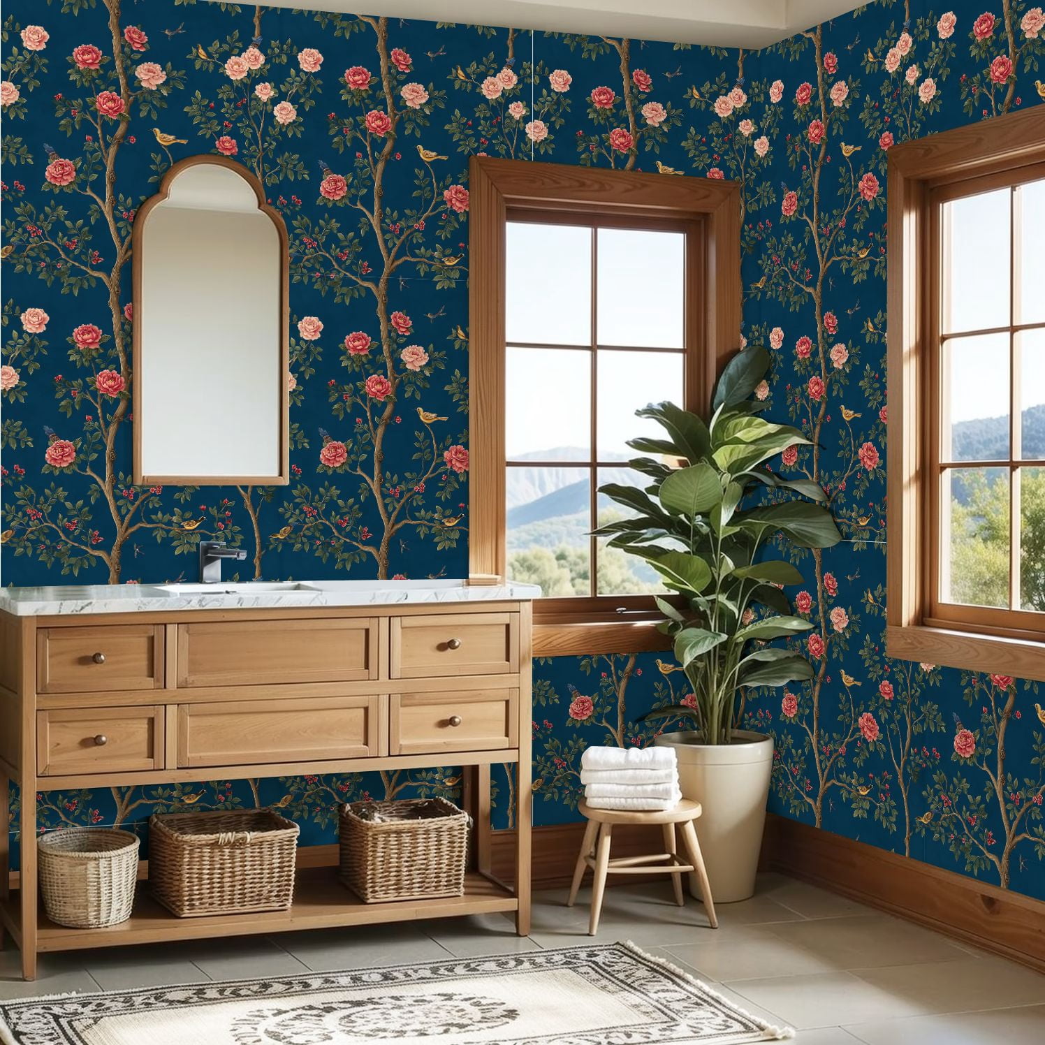 Peel and Stick Wallpaper Vintage Floral Birds Peony Flowers Deep Blue Wall Mural 23.6in x 9.8ft Self Adhesive Removable Wall Paper Renter Friendly Wallpaper for Nursery Bedroom Cabinets