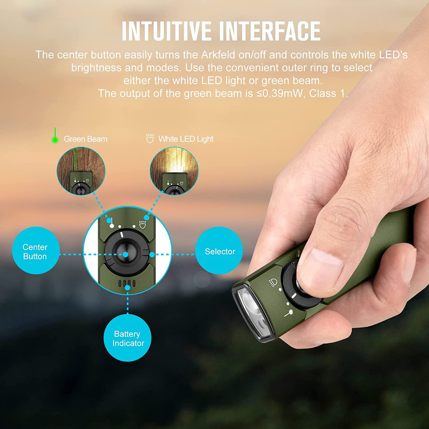 OLIGHT Arkfeld EDC Flat Flashlight, 1000 Lumens White LED Light with Green Beam Combo, Power by Rechargeable Built-in Battery for Outdoors, Emergency, Work (OD Green)