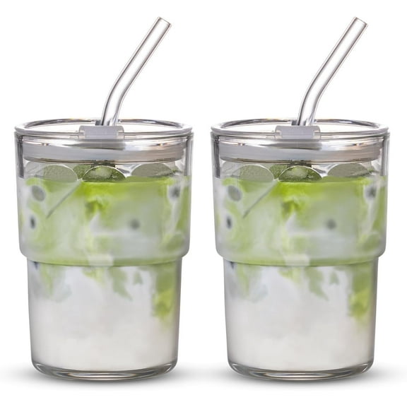 2 Pack 13oz/400ml Tumbler Water Glass, Water Bottle with Straw and Dustproof Lid, Coffee Ice Cup Double Wall Insulated Glass Cup(Clear)