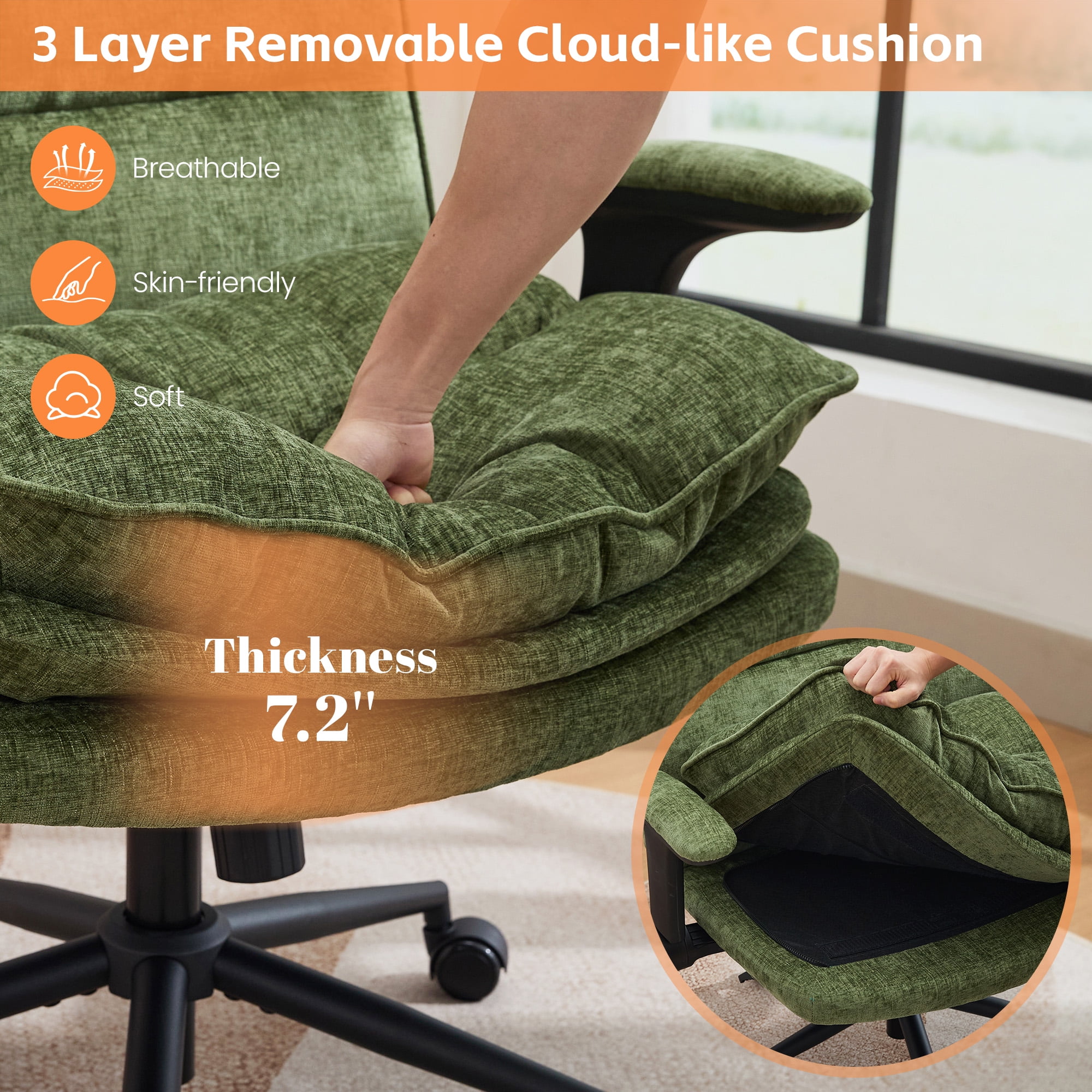 DOMICARE Criss Cross Chair with Flip-Up Arms, Wide Cross-Legged Office Chair with Wheels, Swivel Vanity Desk Chair, Green Chenille