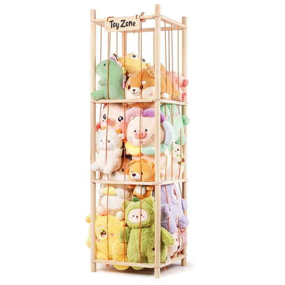 Wooden Stuffed Animal Storage, Vertical Corner Plush Toy Hammock with Elastic Straps, Holds Up to 40 Stuffed Animals for Kids Nursery Bedroom Playroom