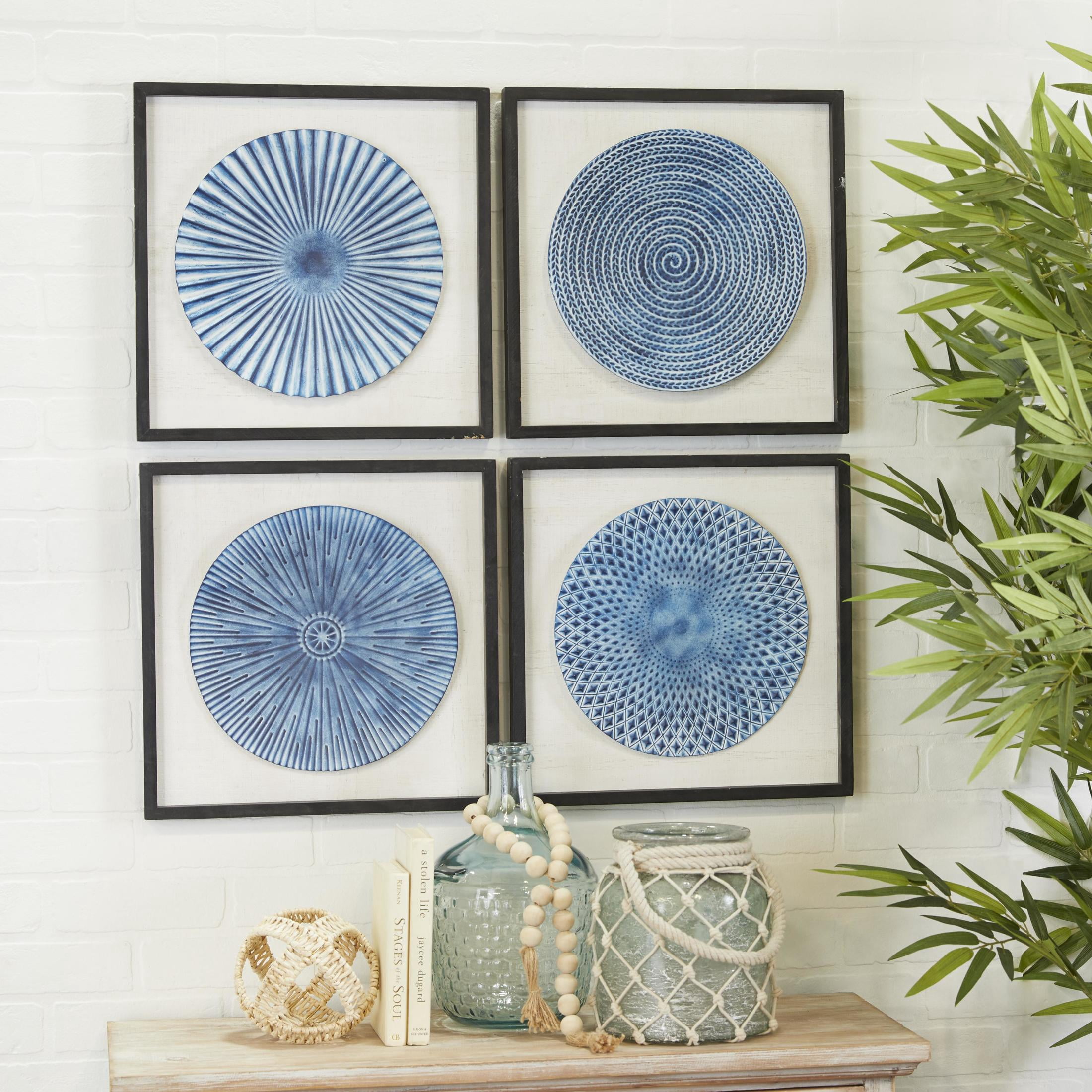 16" x 16" 3D Spiral Plate Starburst Framed Wall Art with Black Wood Frames, by DecMode (4 Count)