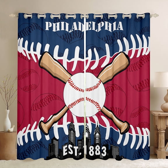 Homewish Philadelphia City Silhouette Black Out Curtains,Baseball Sport Game Curtains Pack of 2 (42x63 Each),Red Blue White Bedroom Curtains For Boys,Super Cozy Room Decor