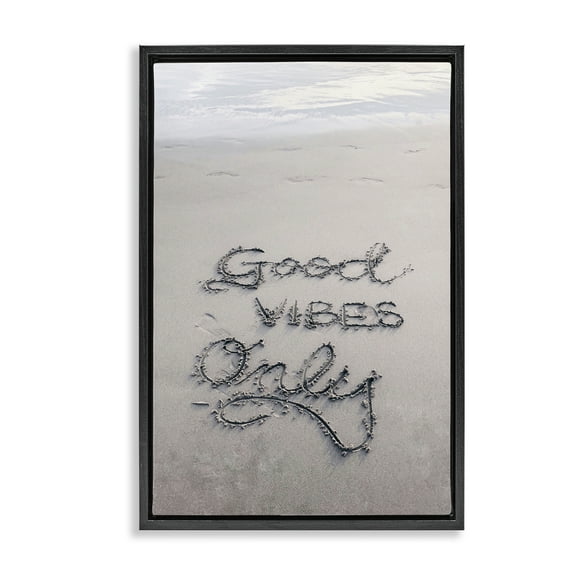 Stupell Industries Good Vibes Only in Sand Nautical & Beach Photography Black Floater Framed Canvas Art Print Wall Art, 17 x 25
