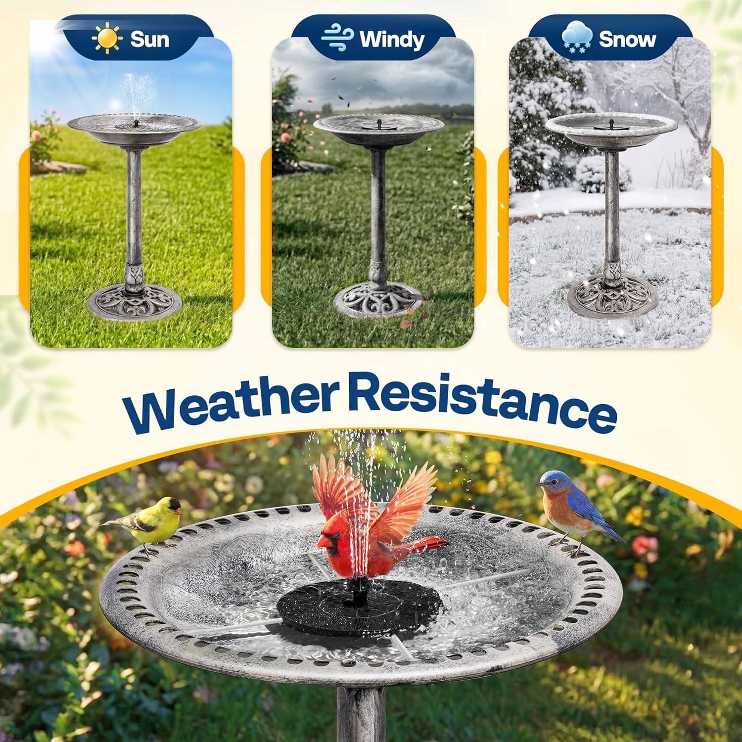 SPECSTAR Bird Bath, Polyresin Antique Outdoor Gray Garden Birdbath and Solar Powered Round Pond Fountain Combo Set
