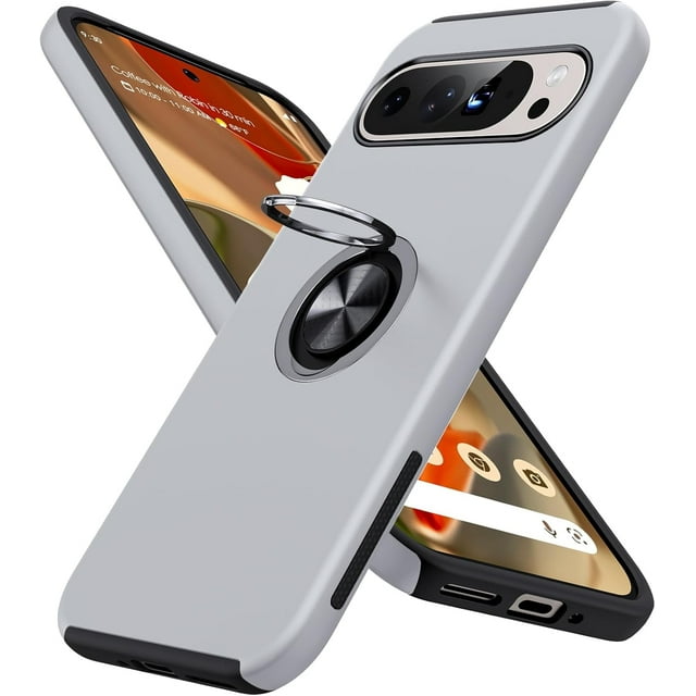 KOMI for Google Pixel 9 Pro XL Case, Slim Fit Case for Pixel 9 Pro XL with Metal Ring Holder Kickstand, Dual Layer Shockproof Protective Phone Case for Google 9 Pro XL 6.8", Silver