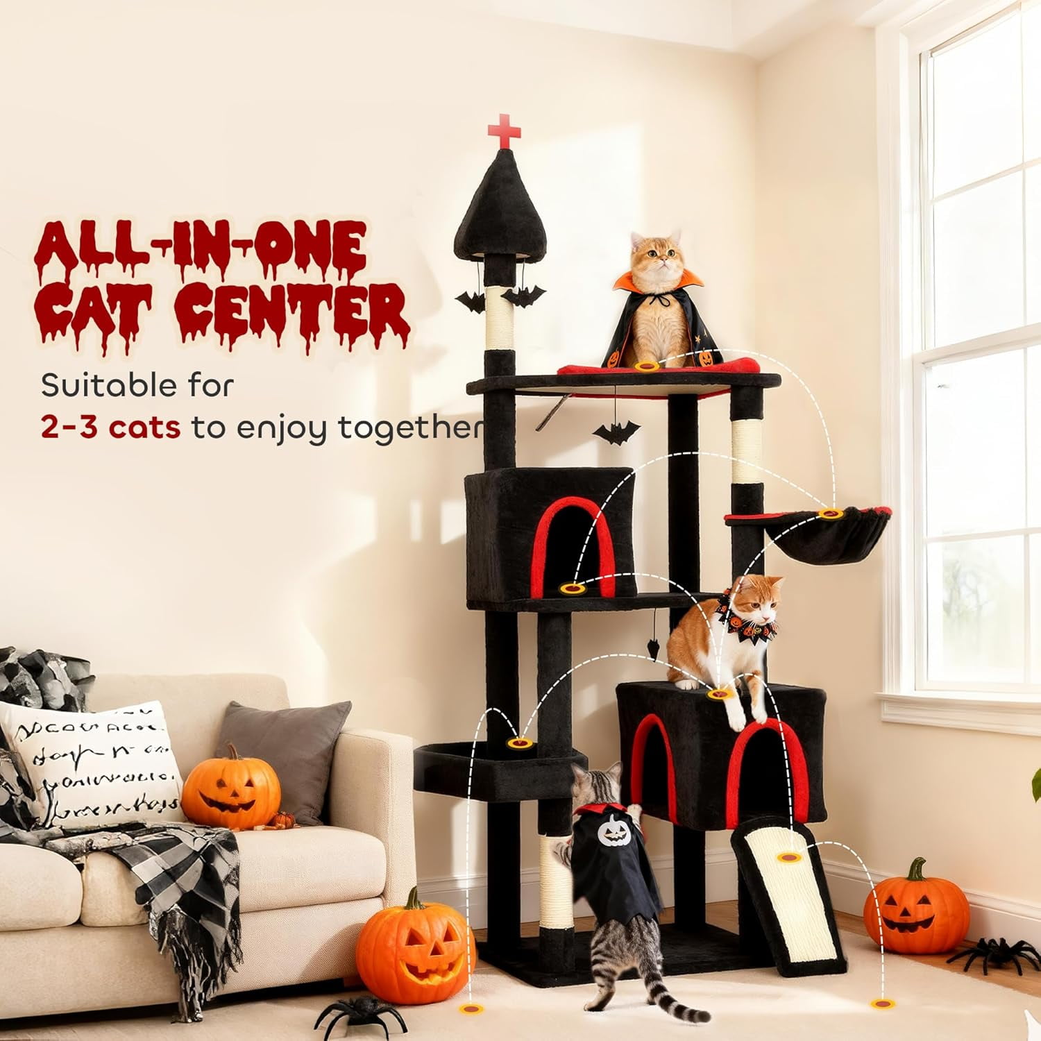 LEHOME Gothic Cat Tree, 78" Extra Tall Cat Tower for Indoor Kittens with 2 Spacious Condos, Sisal Scratching Posts, 4 Bat Hanging Balls, Comfy Hammock, Ramp, Bed, Black and Red Halloween
