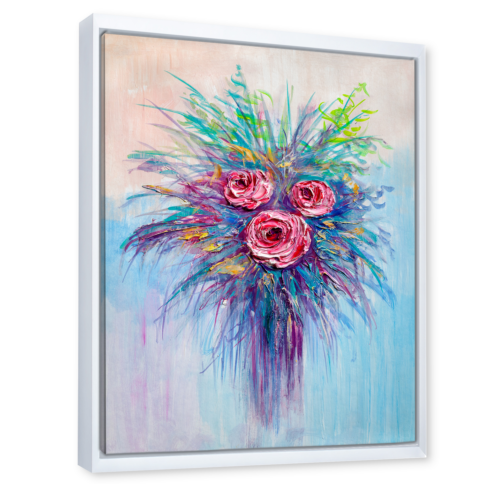 Designart 'Bouquet Of Red Roses In A Vase On Blue' Traditional Framed Canvas Wall Art Print