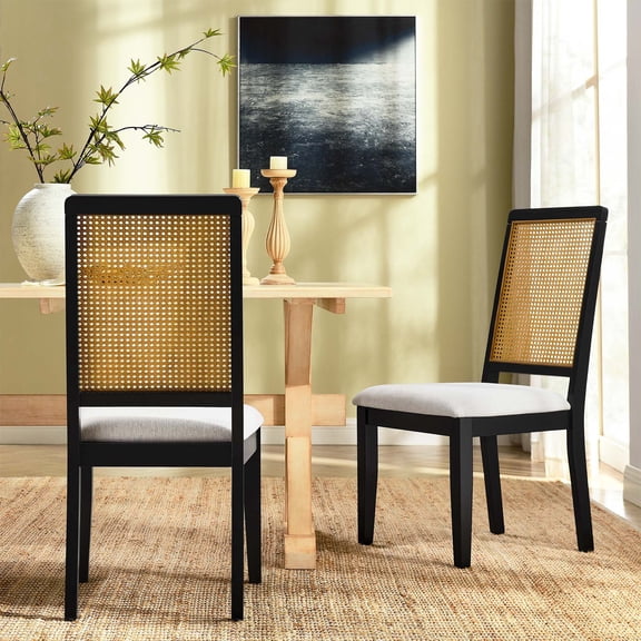 Faux Rattan and Wood Dining Side Chairs - Set of 2