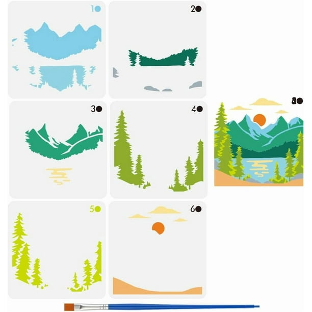 6 plantillas de 15 x 15 cm con diseño de montañas y lagos, pincel, plástico PET, bosque, sol, reflejo en el lago, temática de naturaleza.