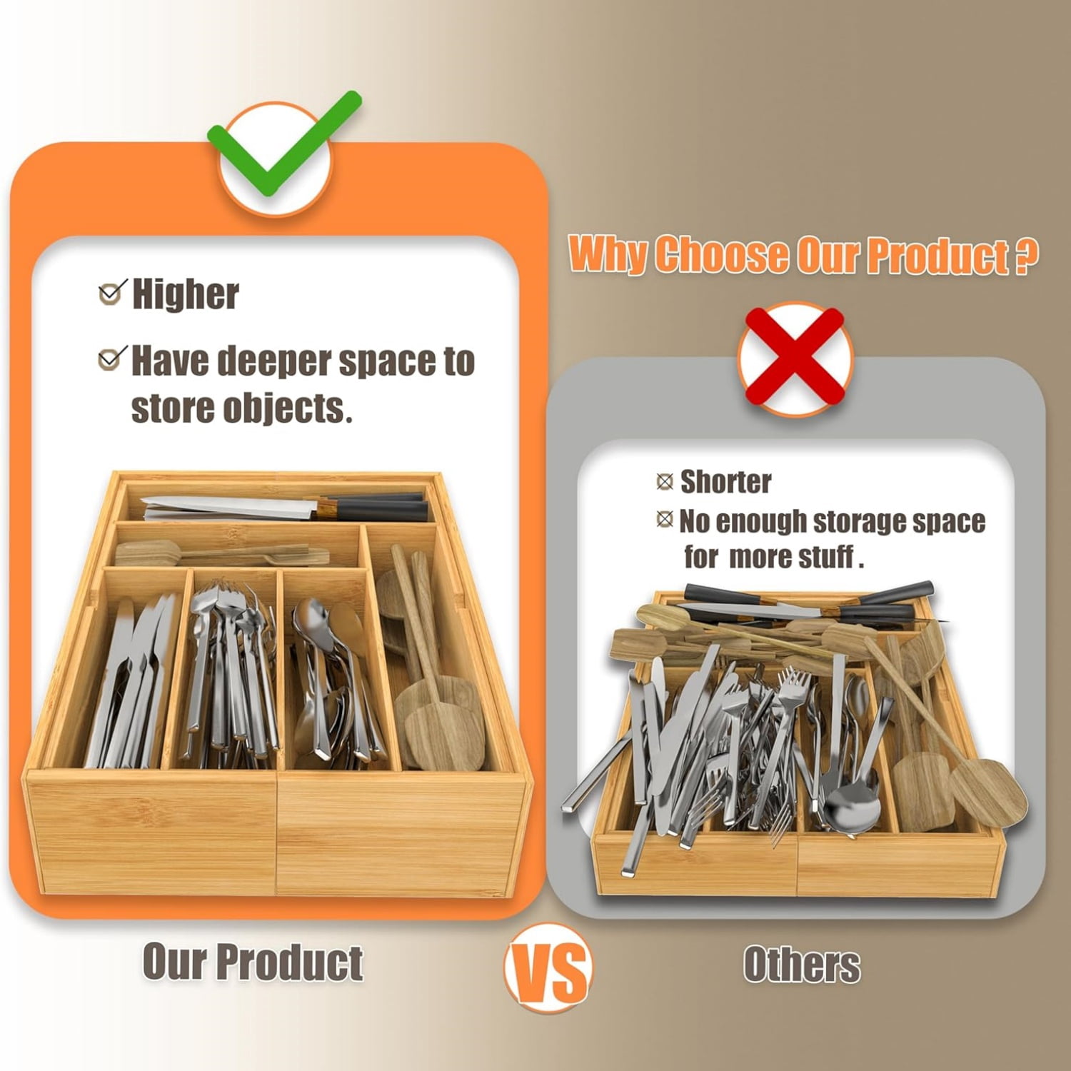 3.9inch Tall Bamboo Drawer Organizer, Expandable Utensil Holder with 8 Compartments, Adjustable Kitchen Drawer Divider for Flatware, Silverware and Gadgets, Deep Storage for Home and Office