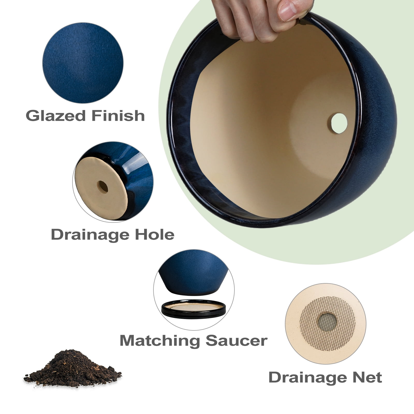 Ordivic 6 inch Blue Ceramic Plant Pots with Drainage Hole & Saucer for Succulents, Herbs & Indoor Outdoor Houseplants