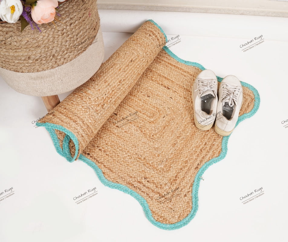 Rectangle Rug Natural Jute Rug Hand Braided Beige And Turquoise Color Area Rug