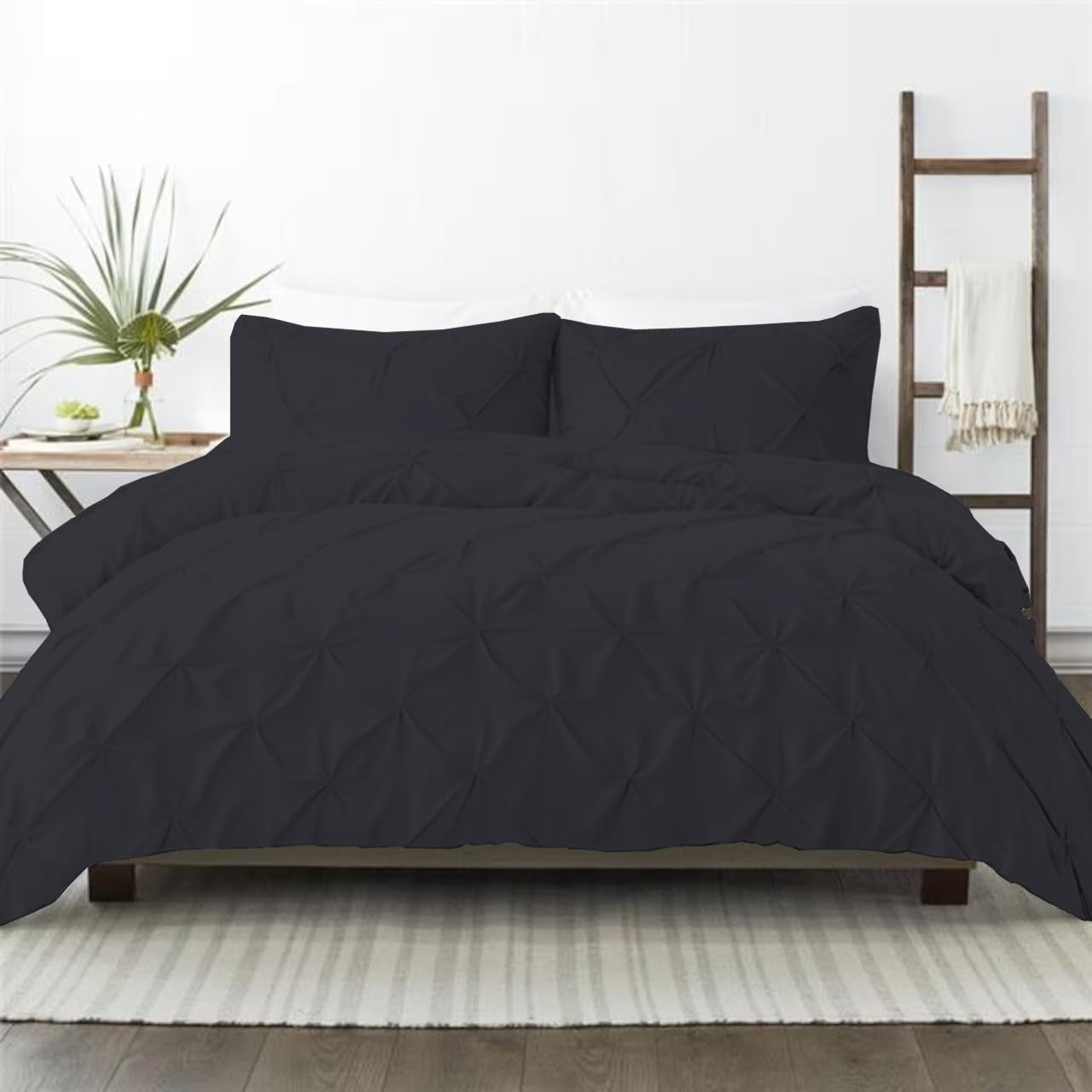 1 Piece Pinch Pleated Duvet Cover 100% Cotton 1000 TC with Zipper Closure & Corner Ties Pintuck Bedding Duvet Cover - Oversized Super King Size (120" x 98") Inch, Black Solid