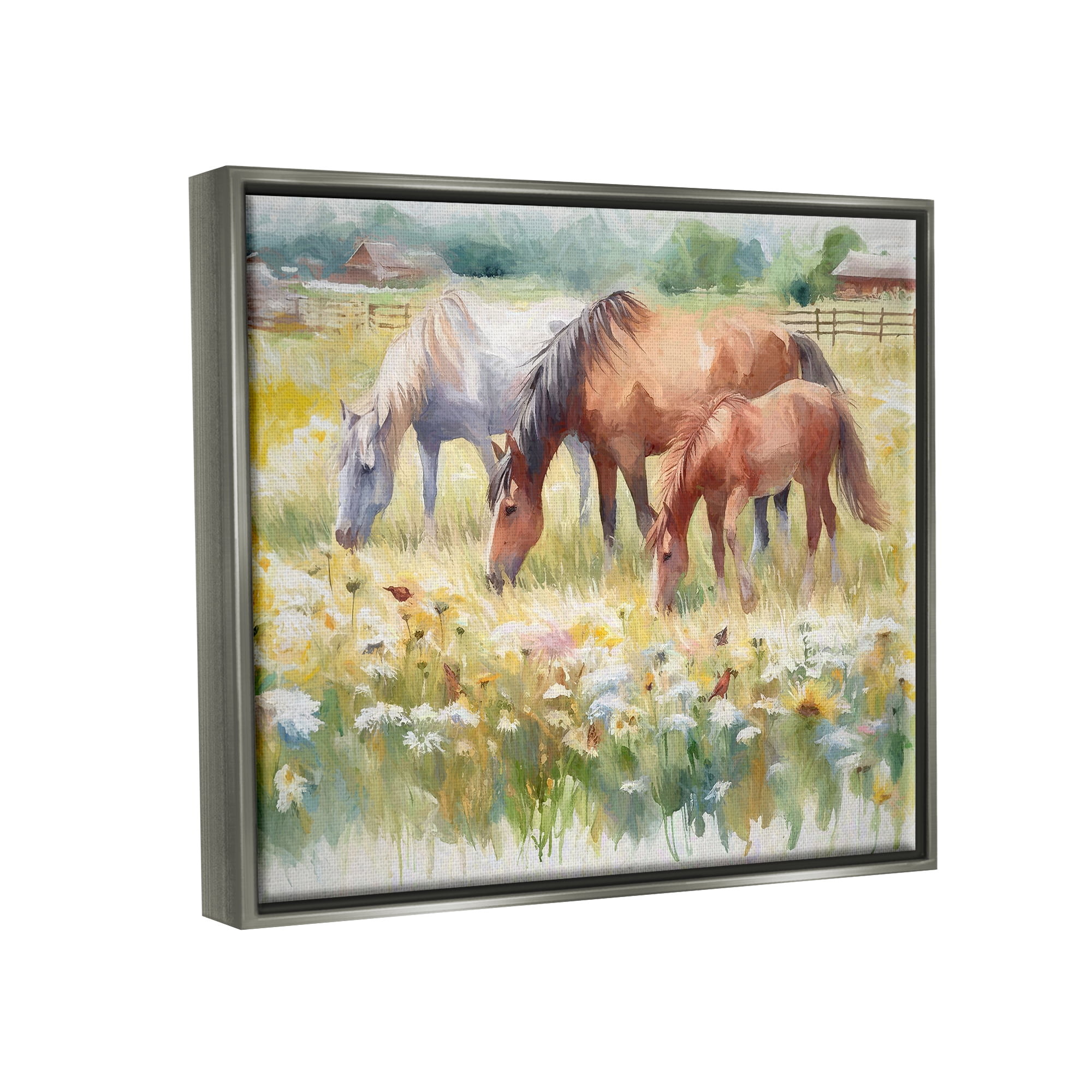 Stupell Industries Grazing Horses in Meadow Animals & Insects Painting Gray Floater Framed Canvas Art Print Wall Art, 21 x 17