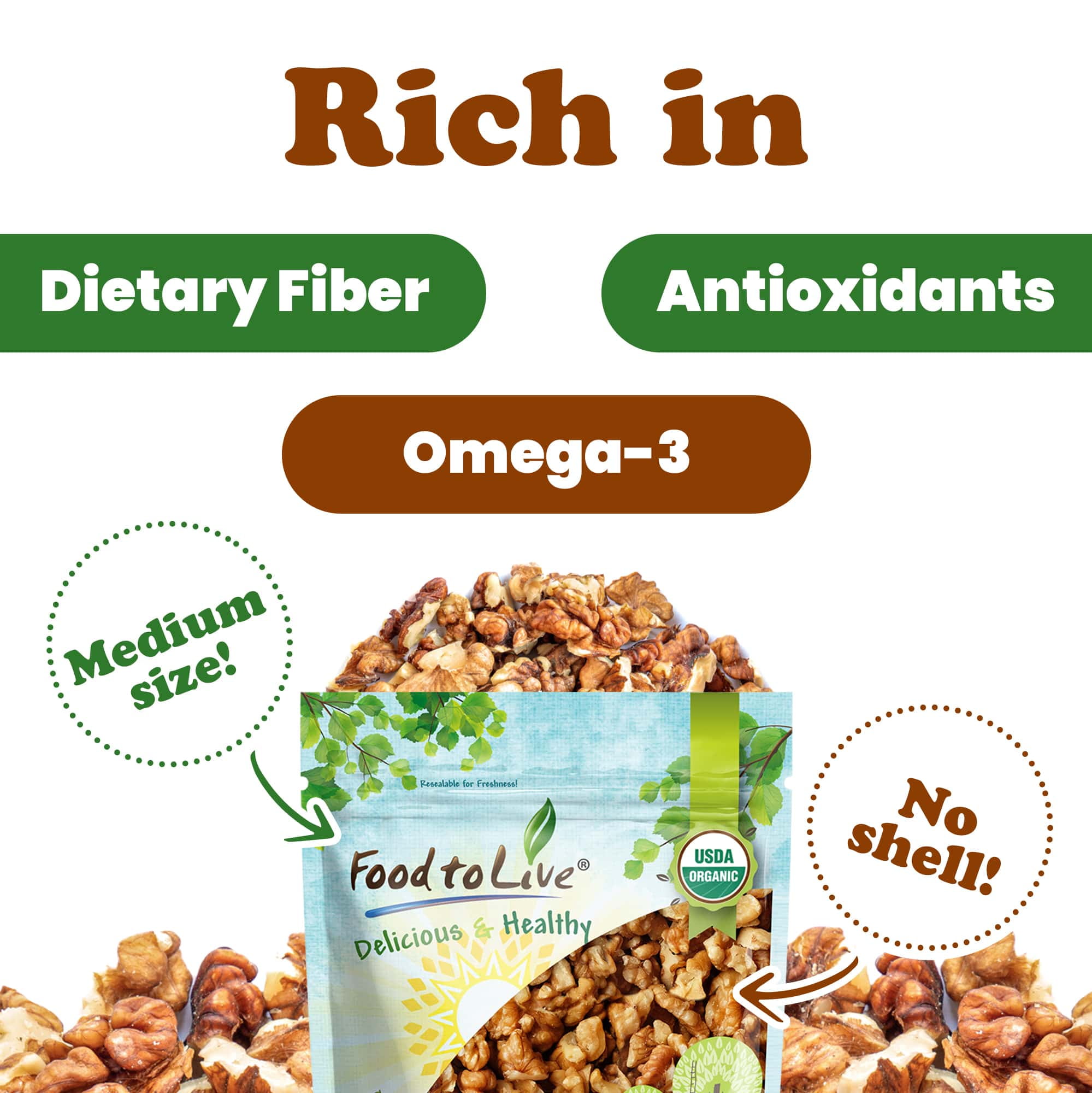 Organic Walnut Pieces, 14 Pounds – California Chandler Variety. Medium Size. Non-GMO. Rich in Omega-3, Antioxidants, Fiber.