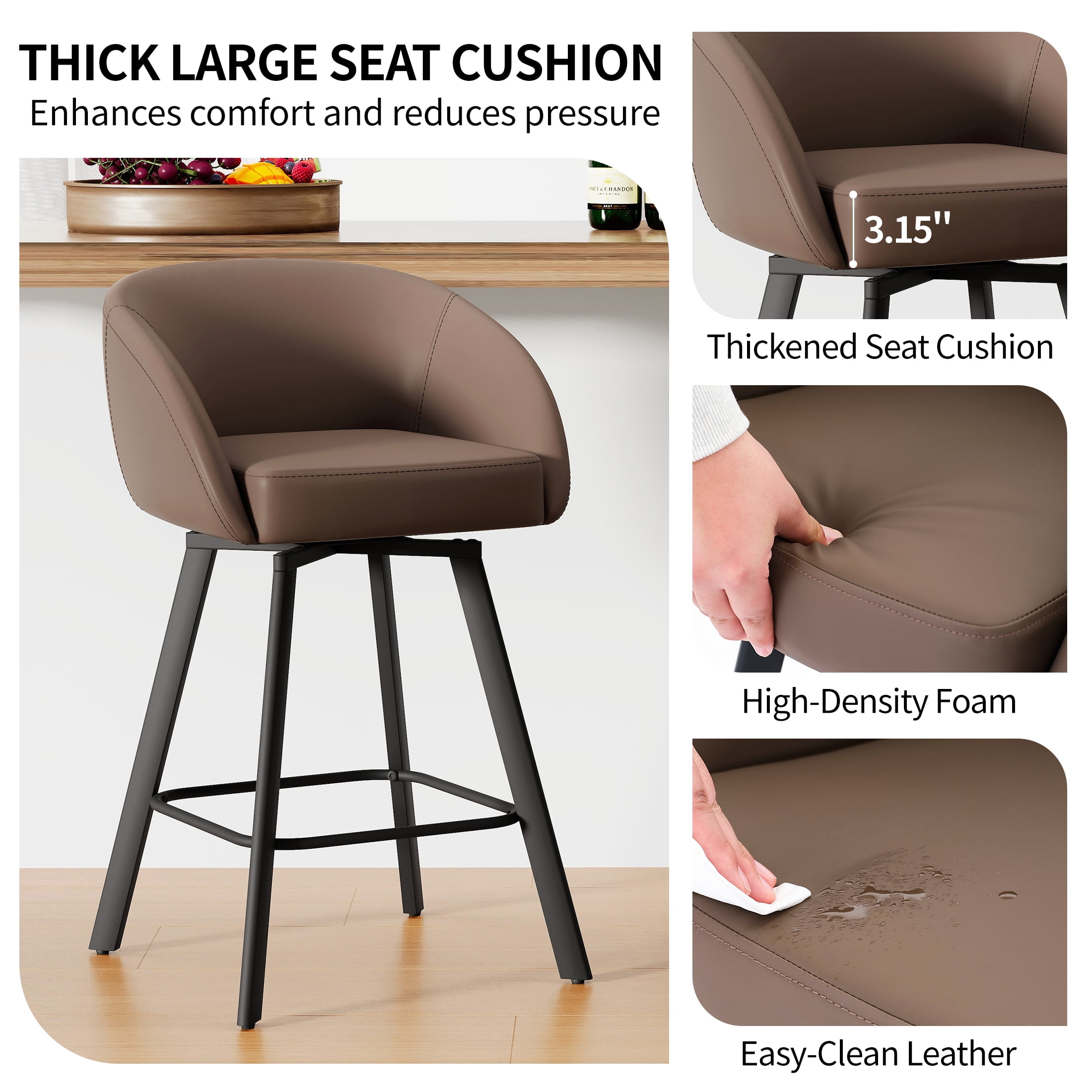FIRAVOE Bar Stools Set of 2, Swivel Counter Height Bar Stools with Back & Arms (26") Faux Leather Bar Chairs for Kitchen Island, Coffee Brown
