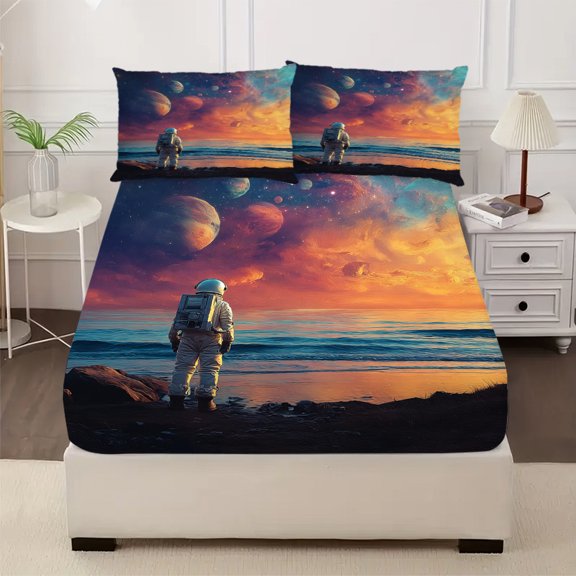 3-Piece Astronauts Cosmic View Print Bed Sheet Set - Ultra Soft Fitted Sheet & Pillowcases, Floral Bedding Collection for Girls, Teens and Adults