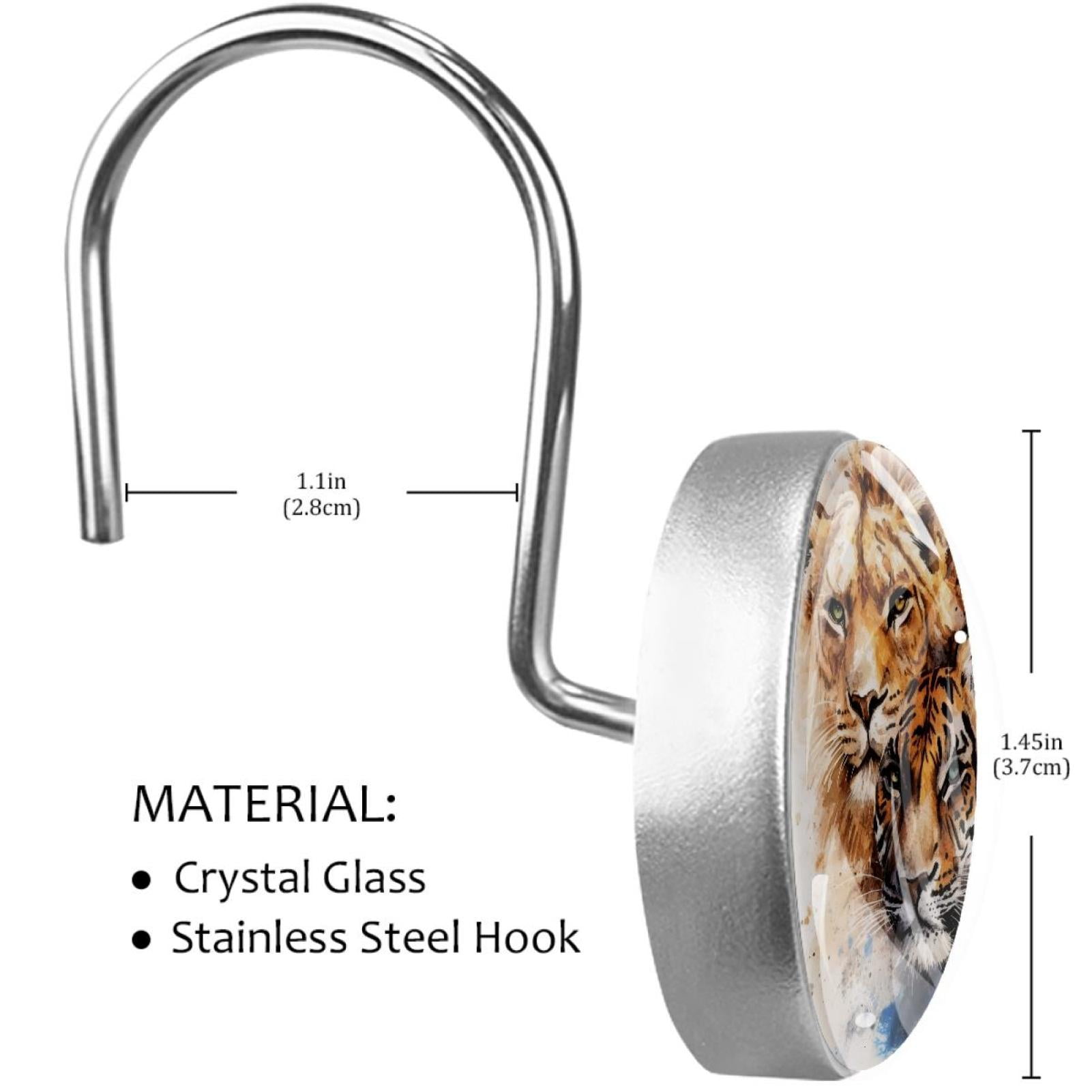 Watercolor Tigers and Lions Shower Curtain Hooks Round Crystal Glass, Set of 12 Shower Curtain Rings - Shower Hooks for Curtain Shower Rings