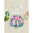 thumbnail image 4 of CIYCuIT Toddler Baby Girls 2Pcs Summer Outfits Fly Sleeve Off One Shoulder Tops + Leaf Print Shorts 6M 12M 18M 24M 3T 4T Kids Casual Short Pants Sets Beachwear, 4 of 8