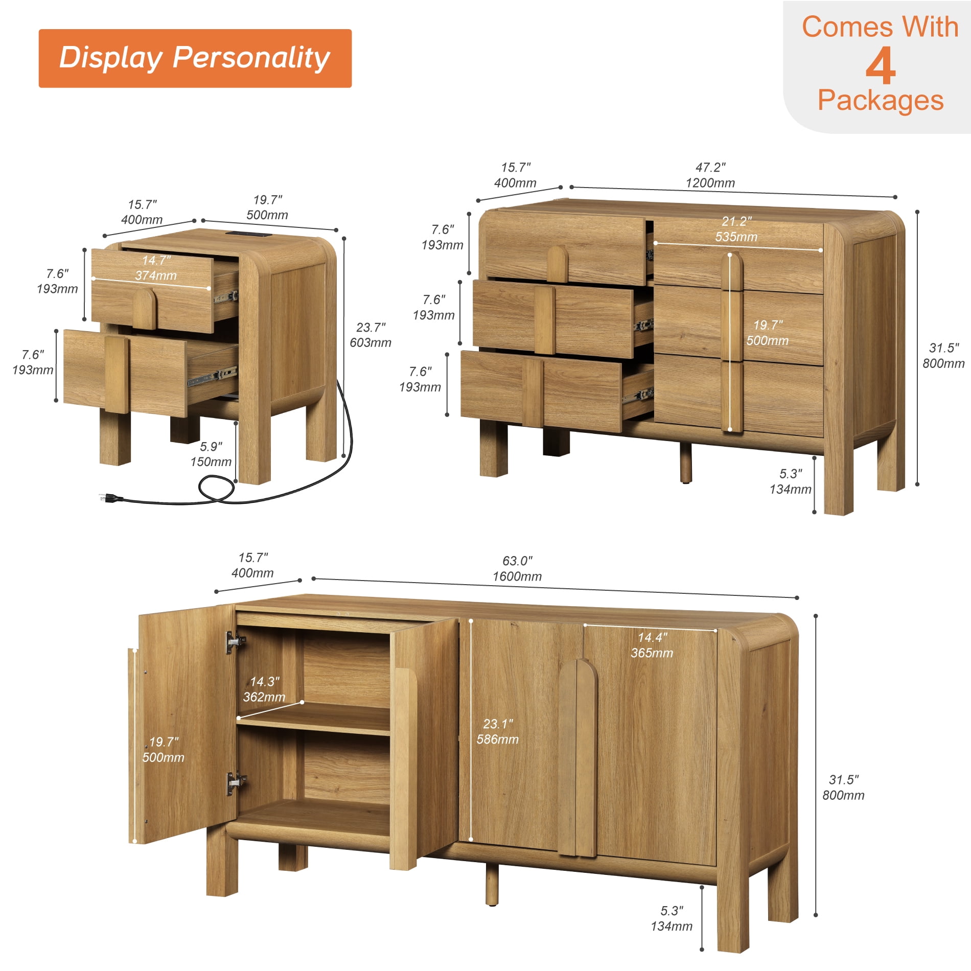 6 Drawer Dresser and Nightstand Sets for Bedroom, 4 Pcs Bedroom Set，Night Stand Set of 2, Modern Accent Chest with Curved Profile Design, Wooden Mid Century Storage Cabinet Set