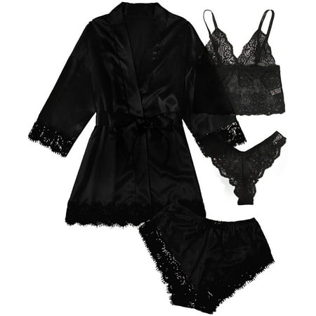 

ZWQIANFENGXI Women s Satin Pajama Set 4pcs Floral Lace Trim Cami Lingerie Sleepwear with Robe