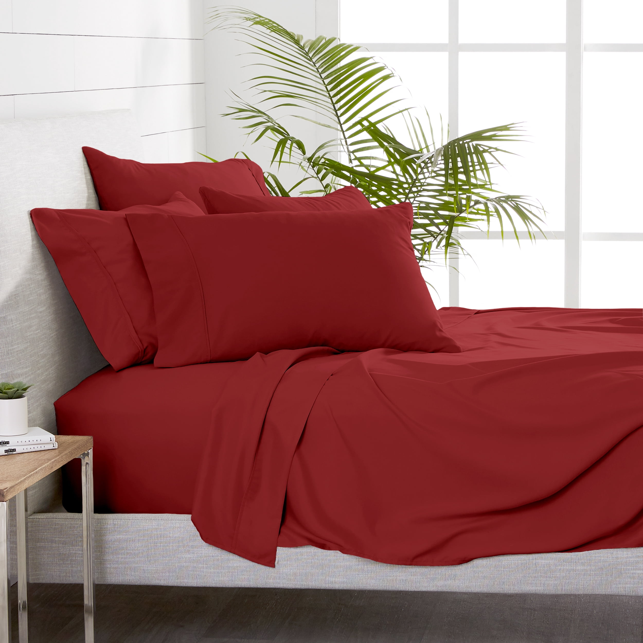 Bare Home 5 Piece Sheet Set, Microfiber, 2 Extra Pillowcases, Twin, Red