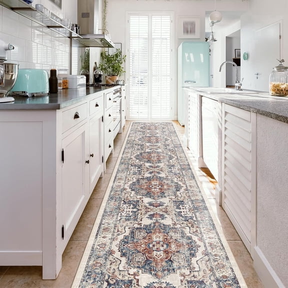 YOUFORTONG Washable Hallway Runner Rug 2'6"x14',Non Slip Vintage Farmhouse Carpet Soft Indoor Floor Mat for Entryway Kitchen Bathroom Living Room Bedroom,Brick