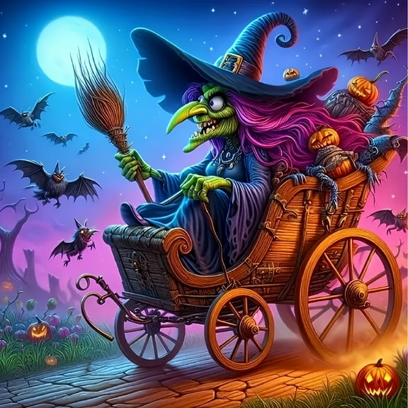 Diamond Art Painting Kits for Adults,Halloween Witch 5D Diamond Painting Dots Art Kits for Adults Beginner, DIY Full Round Gem Crystal Art Paint by Diamond, Home Wall Decor 14x 14 in